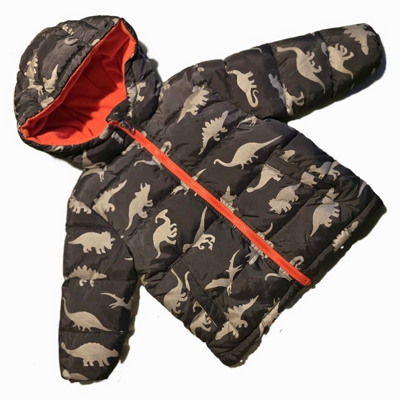 🔵 ☆ NWOT ☆ Wonder Nation Toddler Dino Print Bubble Jacket 2T Orange Grey - Picture 1 of 14